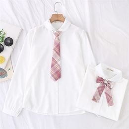 Mulheres Blusas de Manga Longa Gola de Renda Camisas Brancas Com Arco / Gravata Doce Estilo Japão Blusa Feminina Tops Sólidos Elegantes # HH38 220513