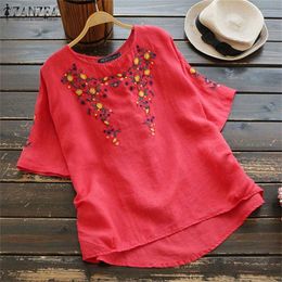 2019 Women Embroidery Blouse Summer Shirts Casual Short Sleeve Cotton Linen Blusas Chemise Robe Tunic Top Femme Blouses T200321