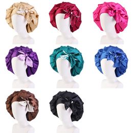 Double Layer Satin Bonnet with Stretch Tied Band Silk Turban Night Sleep Cap for Women Long Hair Care Shower Head Wrap Cover
