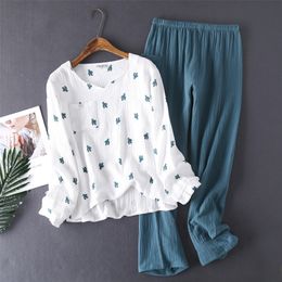 Japanese style spring and autumn ladies cotton crepe cloth long-sleeved trousers Pyjamas cactus comfortable home service 220421