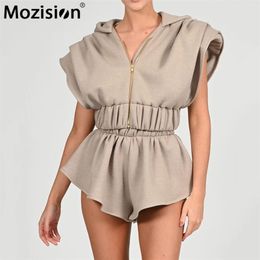 Mozision Two Piece Set For Women Solid Zipper Sleeveless Crop Top Shorts Ladies Spring Vintage Elegant Sets Fashion 210302