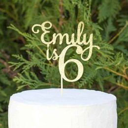 Custom Name Number Happy Personalized Gifts Childrens Birthday Glitter Wood Cake Topper Party Decorations 220618