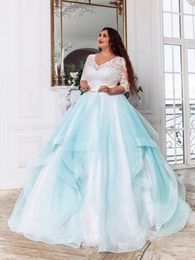 Plus Size Wedding Dresses Bridal Gowns White with Light Sky Blue Lace Long Sleeves Layers Tulle Organza Three Quarter Sleeves