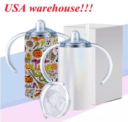 local warehouse sublimation glitter sippy cup with 2 LIDS 12oz straight tumbler kids cup travel cups with handle stainless steel bottle