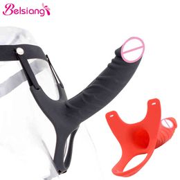 Nxy Dildos Belsiang Hollow Dildo Pants Penis Sleeve Enlarger Extender Strapon Harness for Men Strap on Realistic Belt Sex Toys Gay 220420