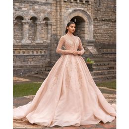 Blush Pink Elegant Crystals Wedding Dresses Beading Bridal Gowns Long Sleeves Jewel Lace Up Floor Length Robe Elegant de mariée Custom Made