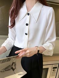 Women's Blouses & Shirts Spring Chiffon Women 2022 Turn-down Collar Top Long Sleeve Shirt Autumn White Cardigan Office Lady Clothes Chemises