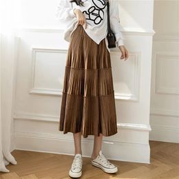 Velvet Lace Patchwork Pleated Cake Long Skirts Elastic Band High Waist Warm Elegant Sukienka Vintage Autumn Women Fairycore Saia 220317