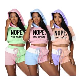 Fashion Letter Print Splicing Tracksuits For Women Short Sleeve Hooded Crop Top And Drawstring Shorts Casual 2 Piece Sets B10028