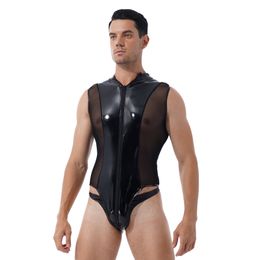 Catsuit Costumes Men Shiny Metallic pvc Patent Leather Clubwear Sheer Mesh Splice Lingerie Bodysuit Double Zipper High Cut Thong Leotard Bodysuit