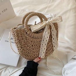 Shoulder Bags Summer Handmade For Women Beach Weaving Ladies Straw Bag Wrapped Moon Shaped Top Handle Handbags Totes W41-01Shoulder