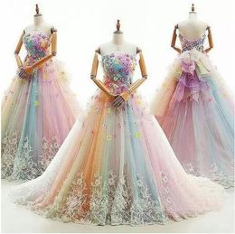 Rainbow Colourful princess Quinceanera Dresses Beaded Strapless fairy Sweet 16 Dress Sweep Train Flowers Appliqued Tulle Masquera gown