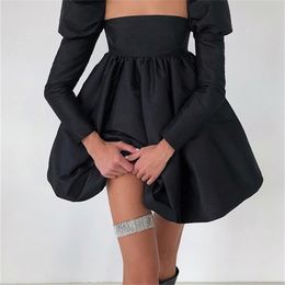 Rockmore Elegant Party Dress For Women Sexy Backless Mini Dress Long Sleeve Pleated Ball Gown Puffy Dresses y2k Streetwear Black 220406