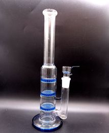 14 inch Blue Glass Water Bong Hookahs with Triple Honeycomb Filters Straight Type Oil Dab Rigs Smoking Pipes with female 18mm