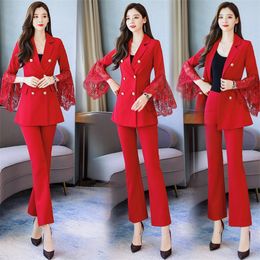 Temperament women's suits New autumn slim stitching lace long sleeve ladies jacket Casual trousers Twopiece set high quality T200818