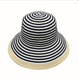 Berets Cross Border Casual Folding Basin Hat With Large Eaves Stripe Sunscreen Dome For Vacation Summer Fabric Straw Bucket HatsBerets Wend2