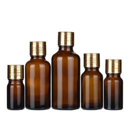 Packing Empty Glass Brown Bottle Round Shoulder Essential Oil Plug Vials Gold Thred Cover Refillable Cosmetic Packaging Container 5ml 10ml 15ml 20ml 30ml 50ml 100ml