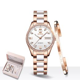 Wristwatches Luxury White Ceramic Watches Women Automatic Mechanical Watch Waterproof Stainless Steel Lady Bracelet Set Gift 6637Wristwatche