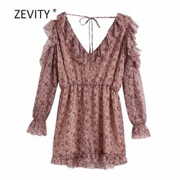 New 2020 women elegant v neck print ruffles chiffon playsuits ladie off shoulder Conjoined shorts casual slim chic siamese P837 T200704