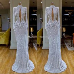 Long Sparkly Sequins Sleeves Evening Dresses High Neck Mermaid Floor Length Custom Made Plunging V Plus Size Prom Party Gown Vestidos Formal Ocn Wear estidos