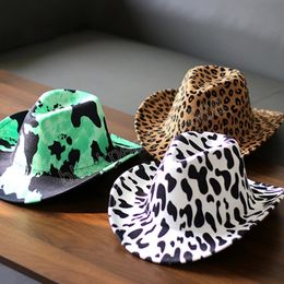 Two-sided Cow Fedora Hats Pattern Wide Brim Hat With Rolled Brim Western Jazz Felt Hat Women Vintage Cowboy Caps