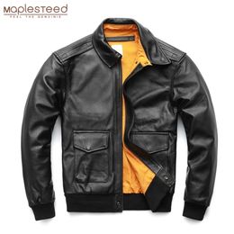 MAPLESTEED Men Leather Jacket Military Pilot Jackets Air Force Flight A2 Jacket Black Brown 100% Calf Skin Coat Autumn 4XL M154 201128