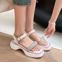 Sandals PXELENA Concise Luxury Chunky Block Mid Heels Platform Crystal Summer Ankle Strap Daily Dating Shoes Women Cool Preppy