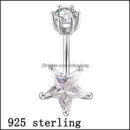 Nose Rings Studs S925 Real Genuine Belly Button Ring Pure Sier Star Zircon Stone Not Allergic Pin Length 6 8 10 Mm Body P Bdesybag Dhyig