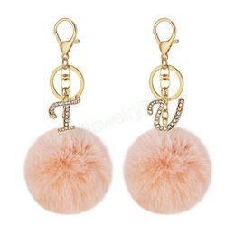 Fluffy Pink Pompom Faux Rabbit Fur Ball Keychain Crystal Golden Letters Key Rings Key Holder Trendy Jewellery Bag Accessories Gift