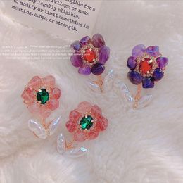 Dangle & Chandelier Korean Trendy Resin Crystal Flower Drop Earrings For Women Girls Elegant Freshwater Pearl Pendientes Jewellery