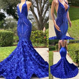 Shining Blue Mermaid Lace Prom Dresses Sequined Deep V Neck Backless Evening Gowns Sweep Train Plus Size Formal Dress
