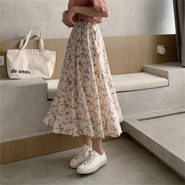 Vintage Floral Print Aline Pleated Long Skirts Summer Women Korean Skirt Streetwear Drawstring Elastic Waist Midi Skirt 220711