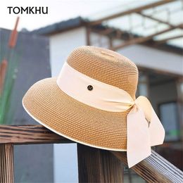 Women Ring Top Verano Straw Hat Summer Wide-Brimmed Boater Hat Elegant Ladies Sun Hats Ribbon Band Fedora Hat Chuch Derby 220716