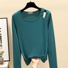 Solid color round neck shirt women's fitted T-shirt shoulder hollow long-sleeved gray 220321