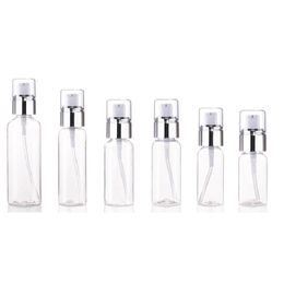 Empty Clear Plastic Bottle Shiny Silver Collar Lotion Spary Press Pump With Cover Portable Refillable Cosmetic Packaging Container 30ml 35ml 45ml 50ml 60ml 100ml