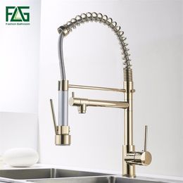 FLG Kitchen Faucet Golden Finish Hand Sprayer Spring Style Single Handle 360 Degree Rotating Cold Hot Water Mixer Sink Tap 2087G T200424