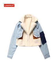 Denim Stitching Long-sleeved Jacket Women's Autumn And Winter New Personality Fake Two Short Motorcycle Cotton Coat Female L220725