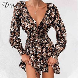 DICLOUD Women Floral Print Boho Party Dress Sexy V Neck Long Sleeve Spring Winter Clothes With Waist Tie Elegant Day Dress 210322