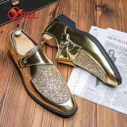 Dress Shoes Men Black Gold Leather Shoes Business Bright Party Wedding Shoes Casual Buckle Big Size 38-48