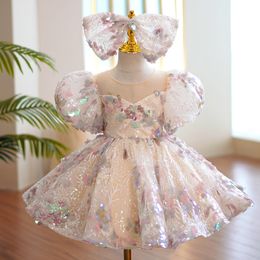 Pink Sequined Flower Dresses Scoop Neck Appliqued Beaded Long Sleeves Girl Pageant Ruffle Tiered Sweep Train Birthday Gowns 403