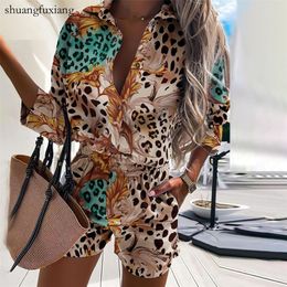 Casual Two Piece Sets Womens Outfits Spring Leopard Print Button Shirt Top And Shorts 2 Set Summer Beach Women 220704