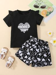 Toddler Girls Letter And Heart Print Ruffle Trim Tee & Belted Shorts SHE