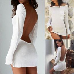 Sexy Solid White beach cover up sarong summer bikini cover ups pareo dress Mesh Backless Mini Dress 220613