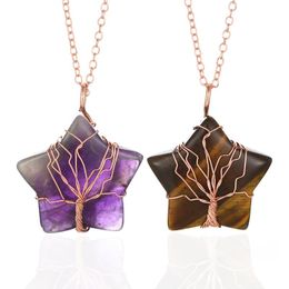 Pendant Necklaces Natural Healing Crystal Pentagram Stars Necklace For Women Rose Gold Tree Of Life Reiki Chakra ArtworkPendant