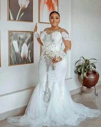 2023 Plus Size Mermaid Wedding Dresses Long Sleeves Bridal Gown Jewel Neck Beaded Lace Applique Sweep Train Custom Made vestido de217m