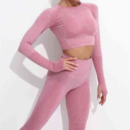 Sexy Fitness Yoga Sport Clothing Suit High Waist Hip Lift Running Leggings Gym Seamless Knitted Top Activewear Pants J220706