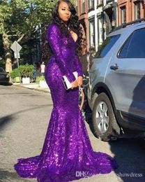 Purple V Neck Sequins Mermaid Long Prom Dresses 2022 Long Sleeves Ruched Formal Celebrity Evening Party Gowns Plus Size BC4023