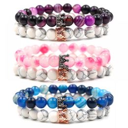 Charm Bracelets Pcs/Set Classic Micro Inset Crown Men Bracelet Elastic Jewellery Natural Opal White Pine Women Beads BanglesCharm