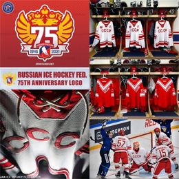 CeoMit Russian Hockey Jersey With 75th anniversary Patch 57 Nikishin 15 Karnaukhov 10 Alexander Maltsev 14 Zinetula Bilyaletdinov 20 Vladislav