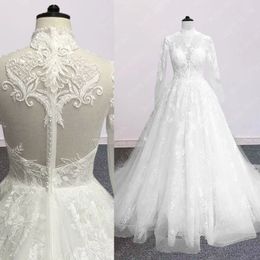 Gorgeous Lace Appliques Court Train A-Line Wedding Dress 2022 Luxury High Neck Zipper Beaded Long Sleeve Bride Gown
